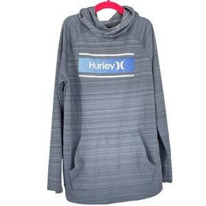 Hurley Boys Gray Striped Hoodie H2O Dri Size M 10-12 Pullover Pocket Blue Logo